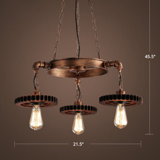 Factory Style Iron Suspension Chandelier with Bronze Finish & Gear Wheel Deco – Bare Bulb Lighting