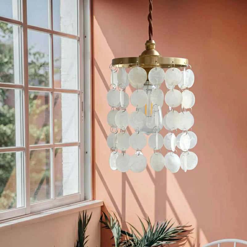 Coastal Brass Pendant Light Fixture With Shell Decor- 1-Light Metal Hanging For Dining Room