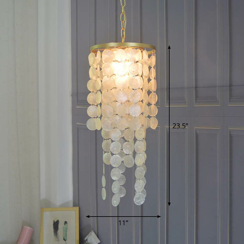 Boho Chic Shell Discs Pendant Light- Gold 1-Bulb Suspension For Dining Room