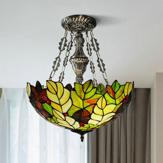 Hand-Crafted Green Glass Chandelier: Foliage Baroque Pendant Light (3-Bulb Fixture)