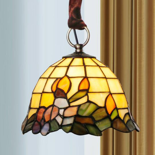 Tiffany Stained Glass Bell Shaped Pendant Lamp with Leaf Pattern - Beige Hanging Light Fixture