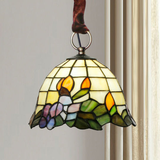 Tiffany Stained Glass Bell Shaped Pendant Lamp with Leaf Pattern - Beige Hanging Light Fixture