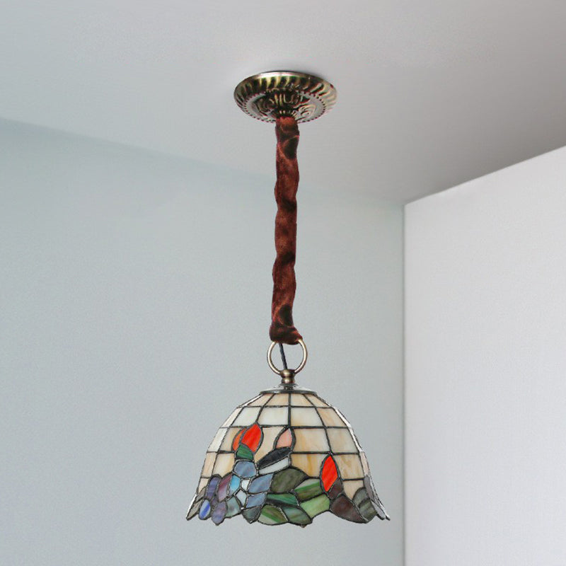 Tiffany Stained Glass Bell Shaped Pendant Lamp with Leaf Pattern - Beige Hanging Light Fixture