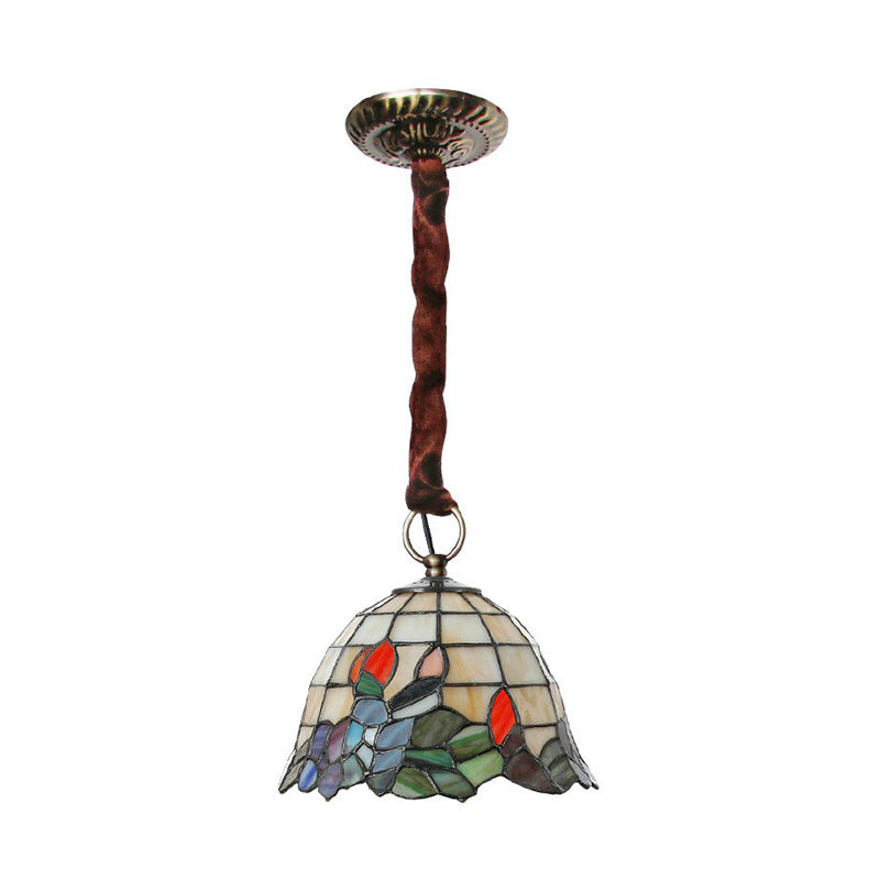 Tiffany Stained Glass Bell Shaped Pendant Lamp with Leaf Pattern - Beige Hanging Light Fixture