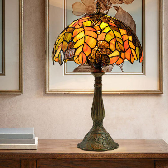 Grape Leaf Night Light With Tiffany Glass Shade - Traditional Bedroom Table Lamp