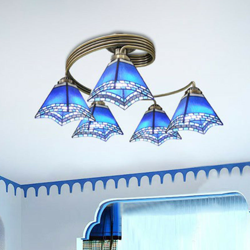 Mediterranean Spiral Metal Semi Flush Mount Ceiling Light with Stained Glass Shade