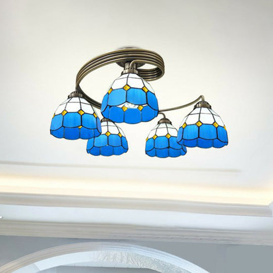 Mediterranean Spiral Metal Semi Flush Mount Ceiling Light with Stained Glass Shade