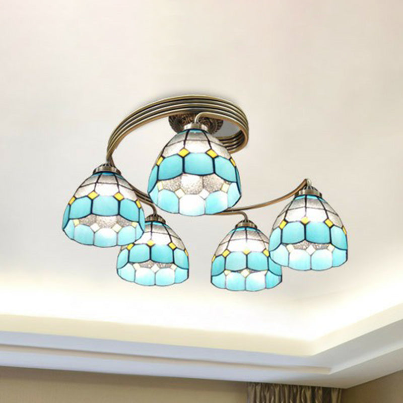 Mediterranean Spiral Metal Semi Flush Mount Ceiling Light with Stained Glass Shade