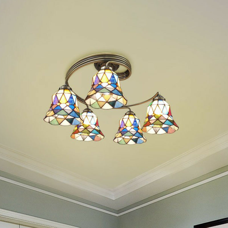 Mediterranean Spiral Metal Semi Flush Mount Ceiling Light with Stained Glass Shade