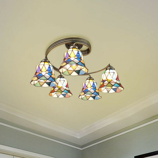 Modern Mediterranean Spiral Ceiling Light Metal Semi Flush Mount With Stained Glass Shade