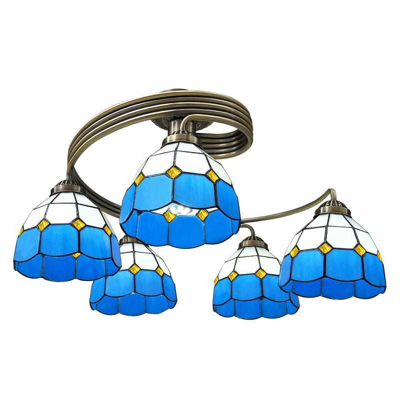 Mediterranean Spiral Metal Semi Flush Mount Ceiling Light with Stained Glass Shade