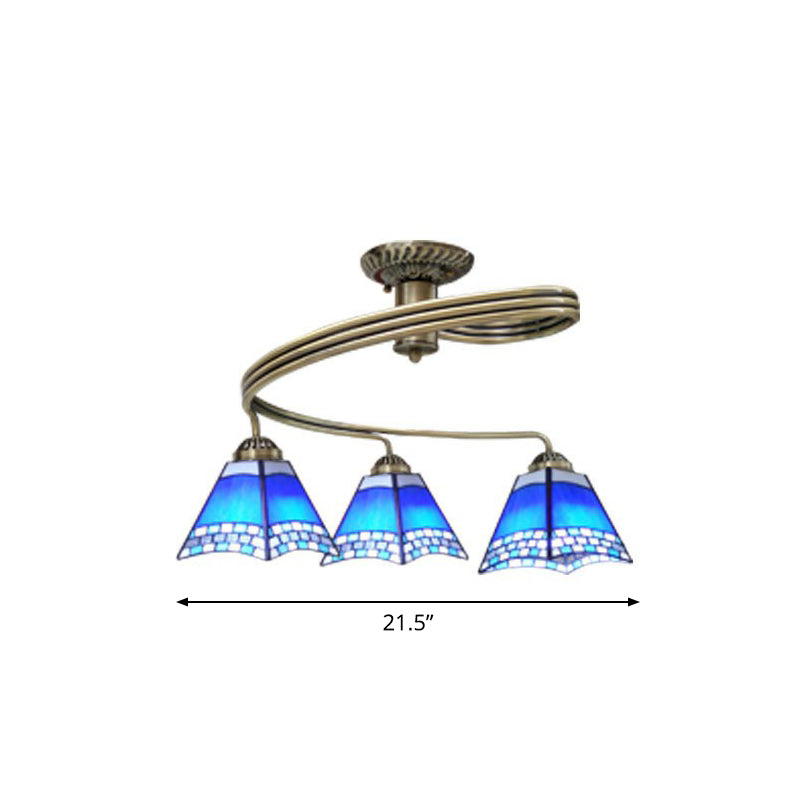 Modern Mediterranean Spiral Ceiling Light Metal Semi Flush Mount With Stained Glass Shade 3 / Blue