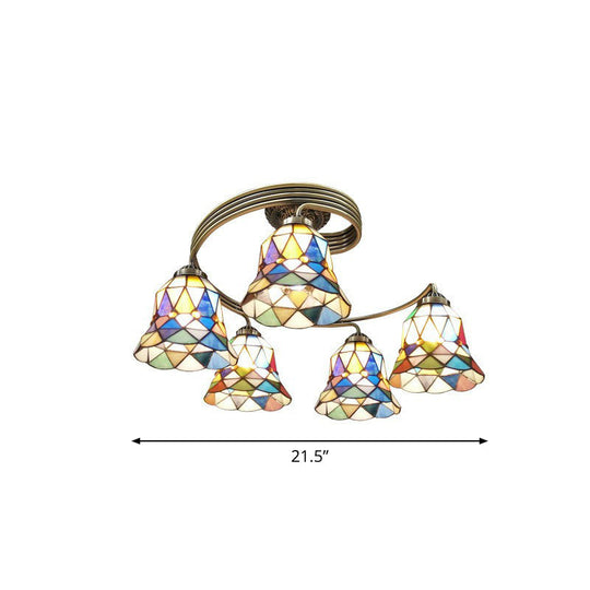 Mediterranean Spiral Metal Semi Flush Mount Ceiling Light with Stained Glass Shade