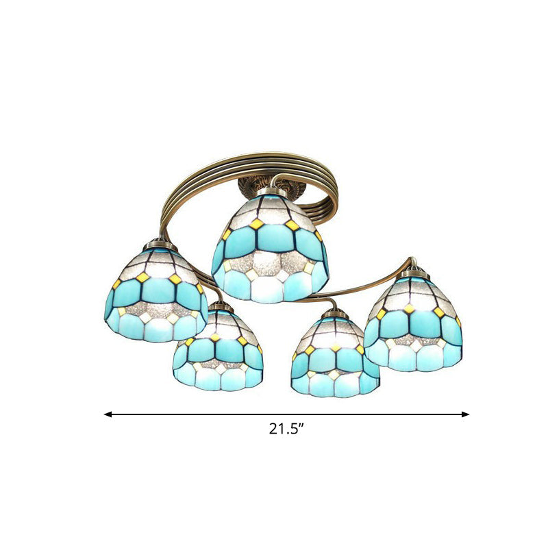 Mediterranean Spiral Metal Semi Flush Mount Ceiling Light with Stained Glass Shade