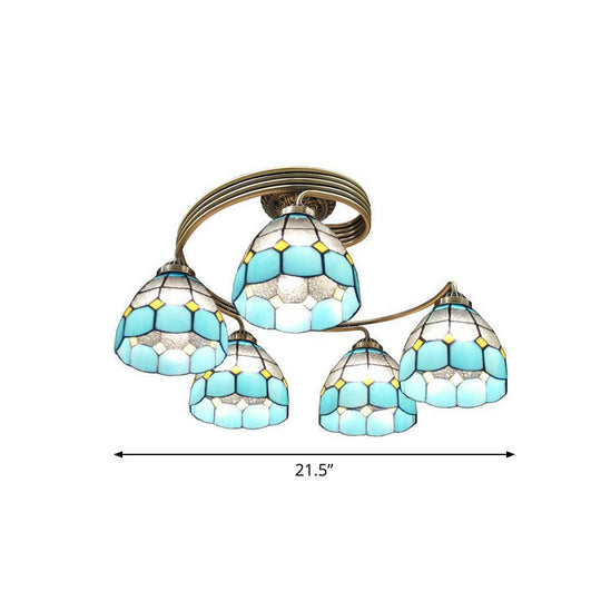 Mediterranean Spiral Metal Semi Flush Mount Ceiling Light with Stained Glass Shade