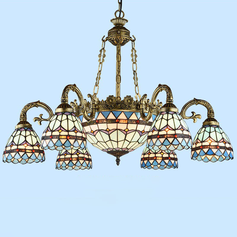 Handcrafted Stained Glass Chandelier With Bronze Finish For Dining Room Ceiling 9 / Down