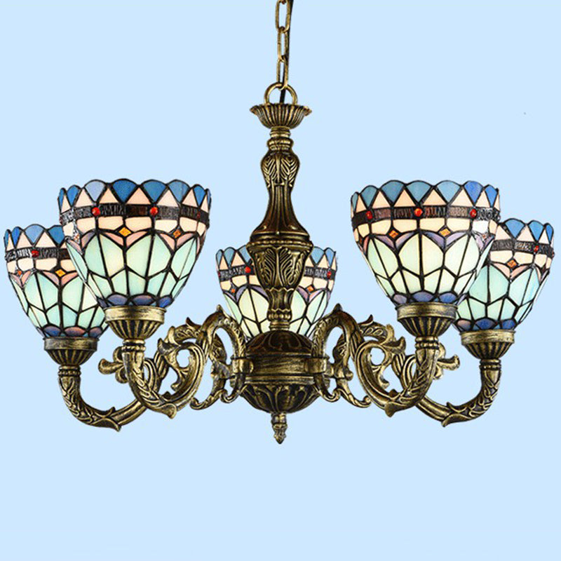 Handcrafted Stained Glass Chandelier With Bronze Finish For Dining Room Ceiling 5 / Up