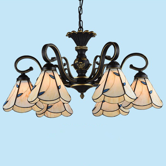 Mediterranean Hand Cut Glass Chandelier with 6 Conical Hanging Lamps & Scalloped Edges