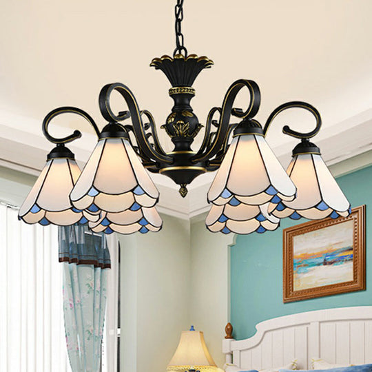 Mediterranean Hand Cut Glass Chandelier with 6 Conical Hanging Lamps & Scalloped Edges