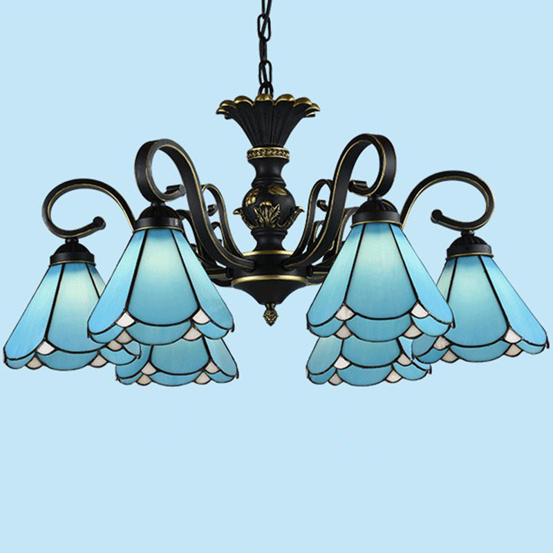 Mediterranean Hand Cut Glass Chandelier with 6 Conical Hanging Lamps & Scalloped Edges