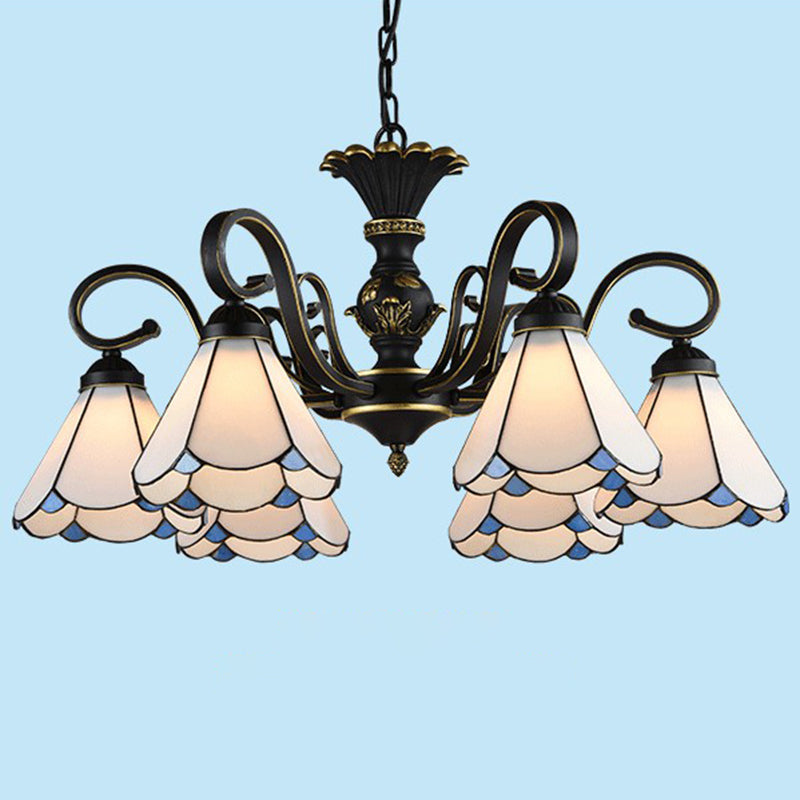 Mediterranean Hand Cut Glass Chandelier with 6 Conical Hanging Lamps & Scalloped Edges