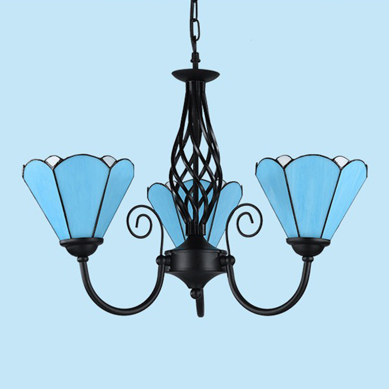 Blue Glass Floral Chandelier - Mediterranean Design Black Ceiling Lamp For Living Room 3 / Up