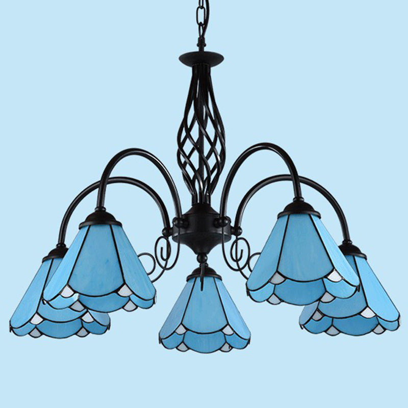 Mediterranean Blue Glass Floral Chandelier Light - Elegant Ceiling Lamp for Living Room