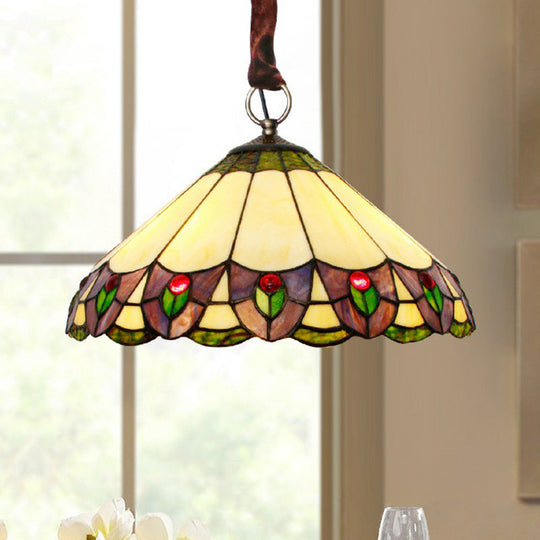 Conical Pendant Chandelier: 3-Light Stained Glass Hanging Light - Suitable for Dining Room Décor - Beige