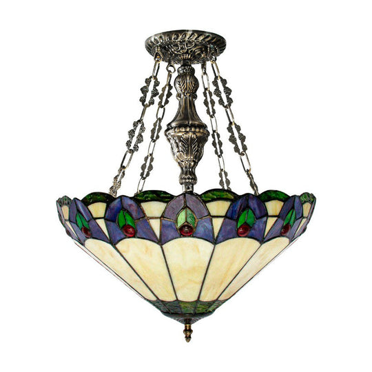 Beige Stained Glass Conical Pendant Chandelier - 3-Light Hanging Light For Dining Room