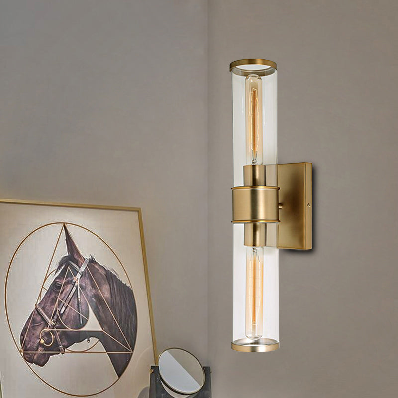 Traditional Clear Glass Tube Wall Lamp With 2 Bulbs - Brass/Chrome Sconce For Bedside Brass