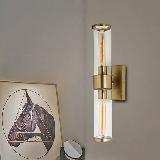 Traditional Clear Glass Tube Wall Lamp With 2 Bulbs - Brass/Chrome Sconce For Bedside Brass