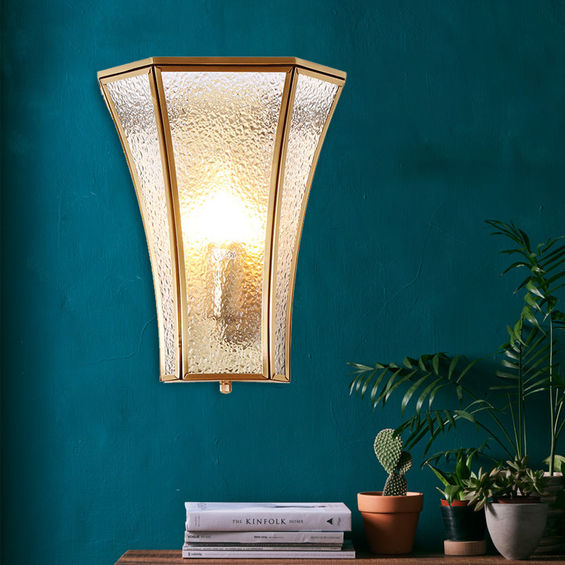 Flared Sconce Lamp With Tradition Textured Glass: Brass Wall Lighting Fixture For Stairway