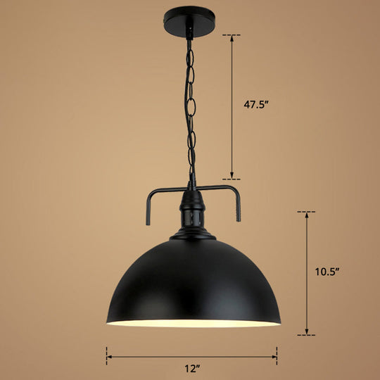 Dome Industrial Iron Pendant Light - Single Black Finish Dining Room Hanging Lamp With Vent / 12