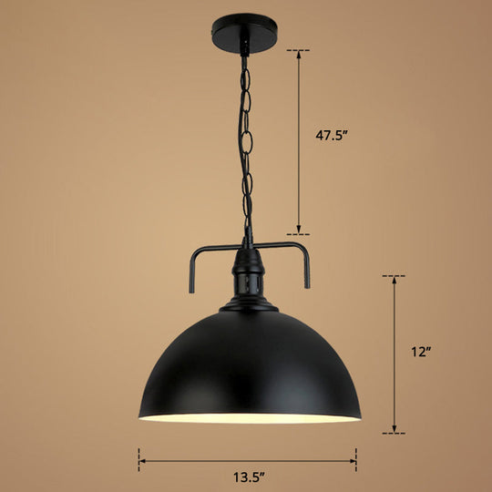 Dome Industrial Iron Pendant Light - Single Black Finish Dining Room Hanging Lamp With Vent / 14