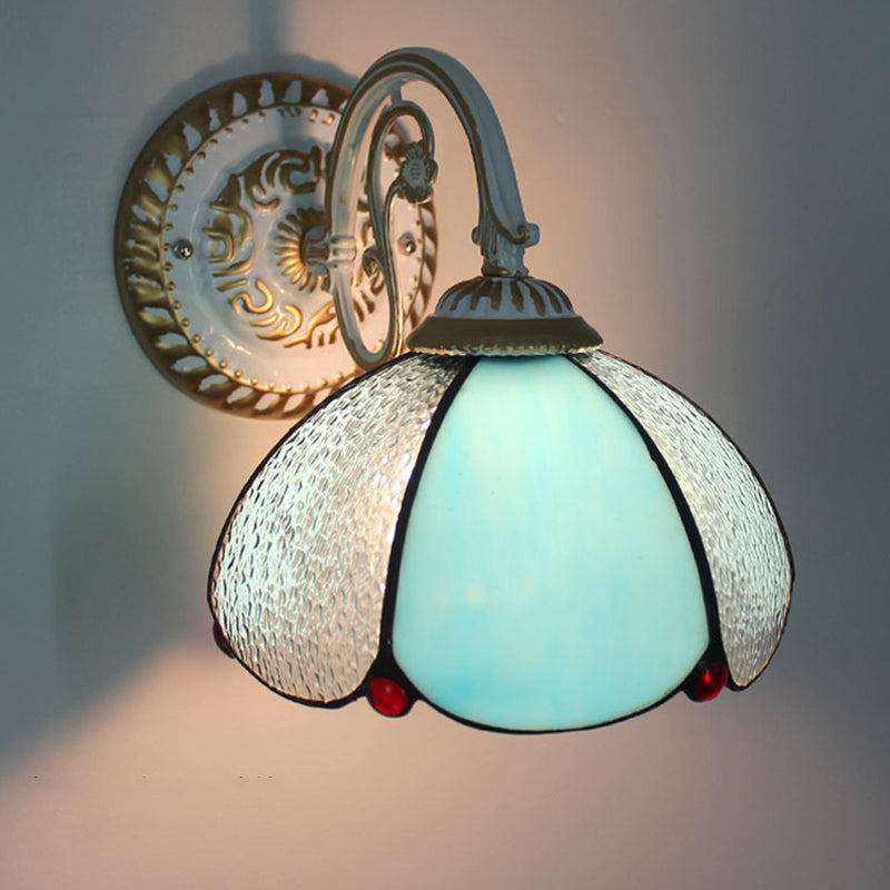 Tiffany Style Handcrafted Glass Wall Sconce For Living Room - Scalloped Light Blue / Flower