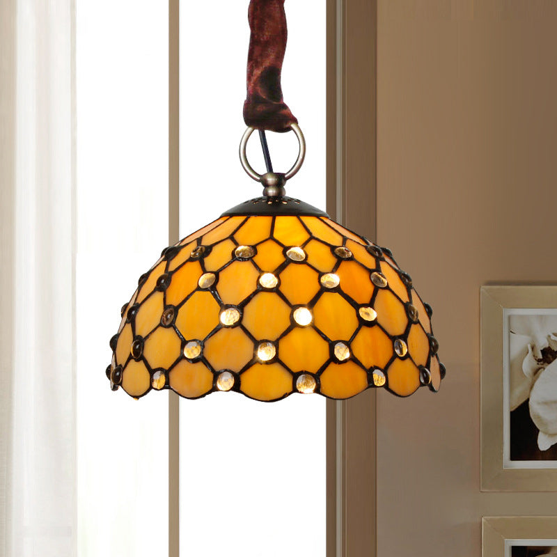 Tiffany Beige Bowl Suspension Lamp: 1-Bulb Cut Glass Ceiling Light Fixture With Jewel Deco