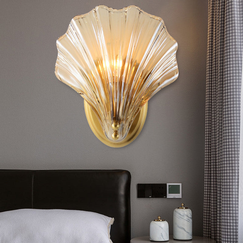 Scalloped Clear Glass Wall Mount Light With Brass Finish