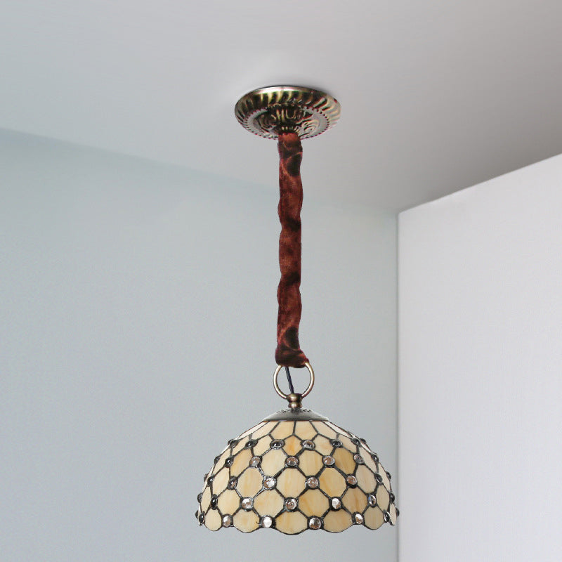 Tiffany Beige Bowl Suspension Lamp: 1-Bulb Cut Glass Ceiling Light Fixture With Jewel Deco