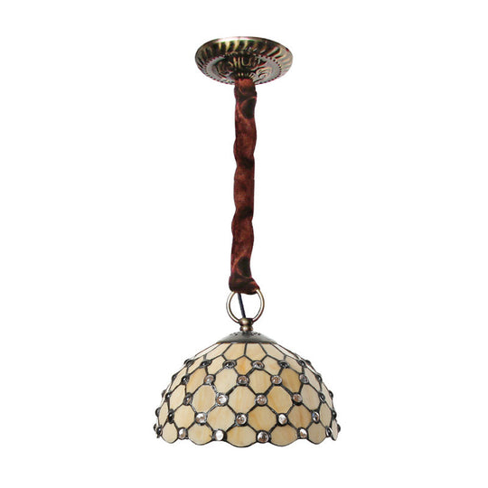 Beige Tiffany Glass Bowl Suspension Lamp: Elegant 1-Bulb Ceiling Light Fixture with Jewel Deco