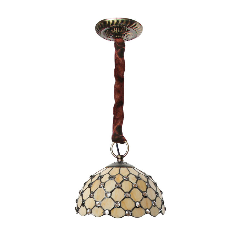 Tiffany Beige Bowl Suspension Lamp: 1-Bulb Cut Glass Ceiling Light Fixture With Jewel Deco