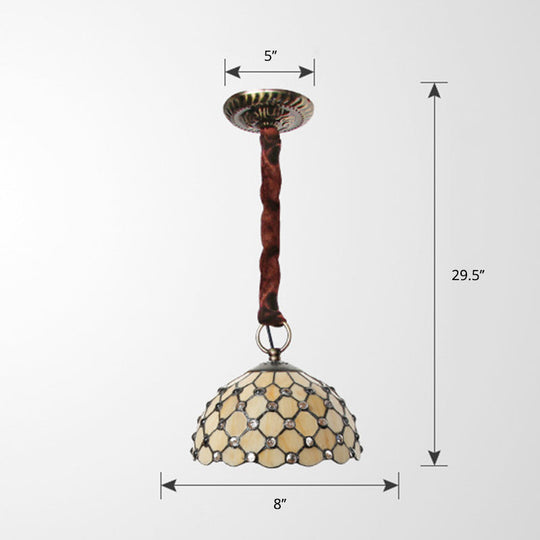 Beige Tiffany Glass Bowl Suspension Lamp: Elegant 1-Bulb Ceiling Light Fixture with Jewel Deco