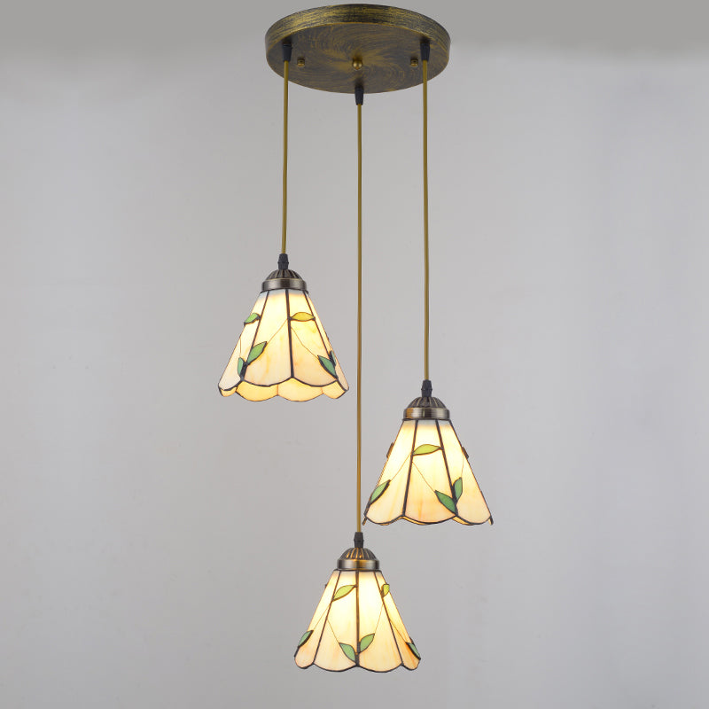 Beige Tiffany Stained Glass Suspension Lighting - 3-Bulb Cluster Pendant for Dining Room