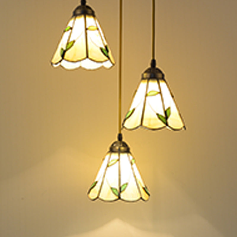 Beige Tiffany Stained Glass Suspension Lighting - 3-Bulb Cluster Pendant for Dining Room