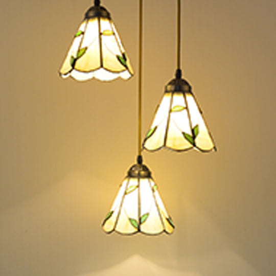 Beige Tiffany Stained Glass Pendant With 3 Bulbs - Stylish Suspension Lighting For Dining Room