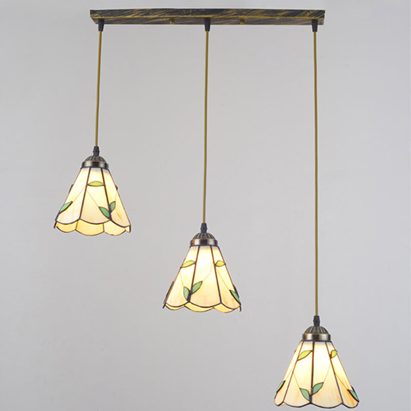 Beige Tiffany Stained Glass Pendant With 3 Bulbs - Stylish Suspension Lighting For Dining Room /