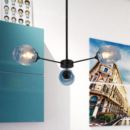 Modernist Hanging Chandelier - Black/Chrome Sputnik Suspension Pendant With Blue/Amber Glass Shade