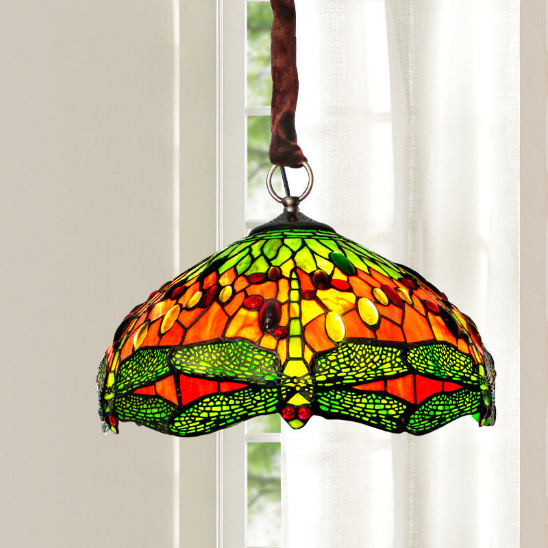 Tiffany Stained Glass Chandelier with Dragonfly Pattern and Gem-Like Cabochons in Green