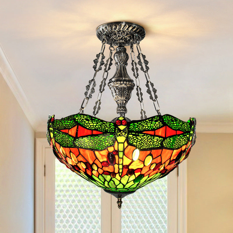 Tiffany Stained Glass Chandelier with Dragonfly Pattern and Gem-Like Cabochons in Green