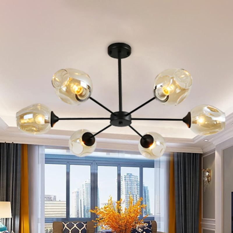 Modernist Hanging Chandelier - Black/Chrome Sputnik Suspension Pendant With Blue/Amber Glass Shade