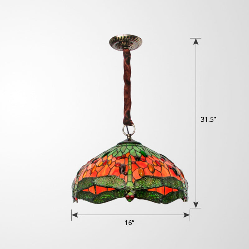 Dragonfly Tiffany Stained Glass Bowl Chandelier With Gem-Like Cabochons - Green 3 Lights Suspension